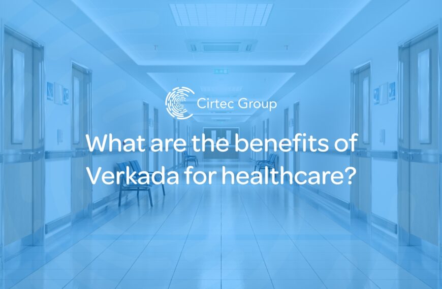 Hospital corridor with seating and text over the top that reads 'What are the benefits of Verkada for healthcare?'